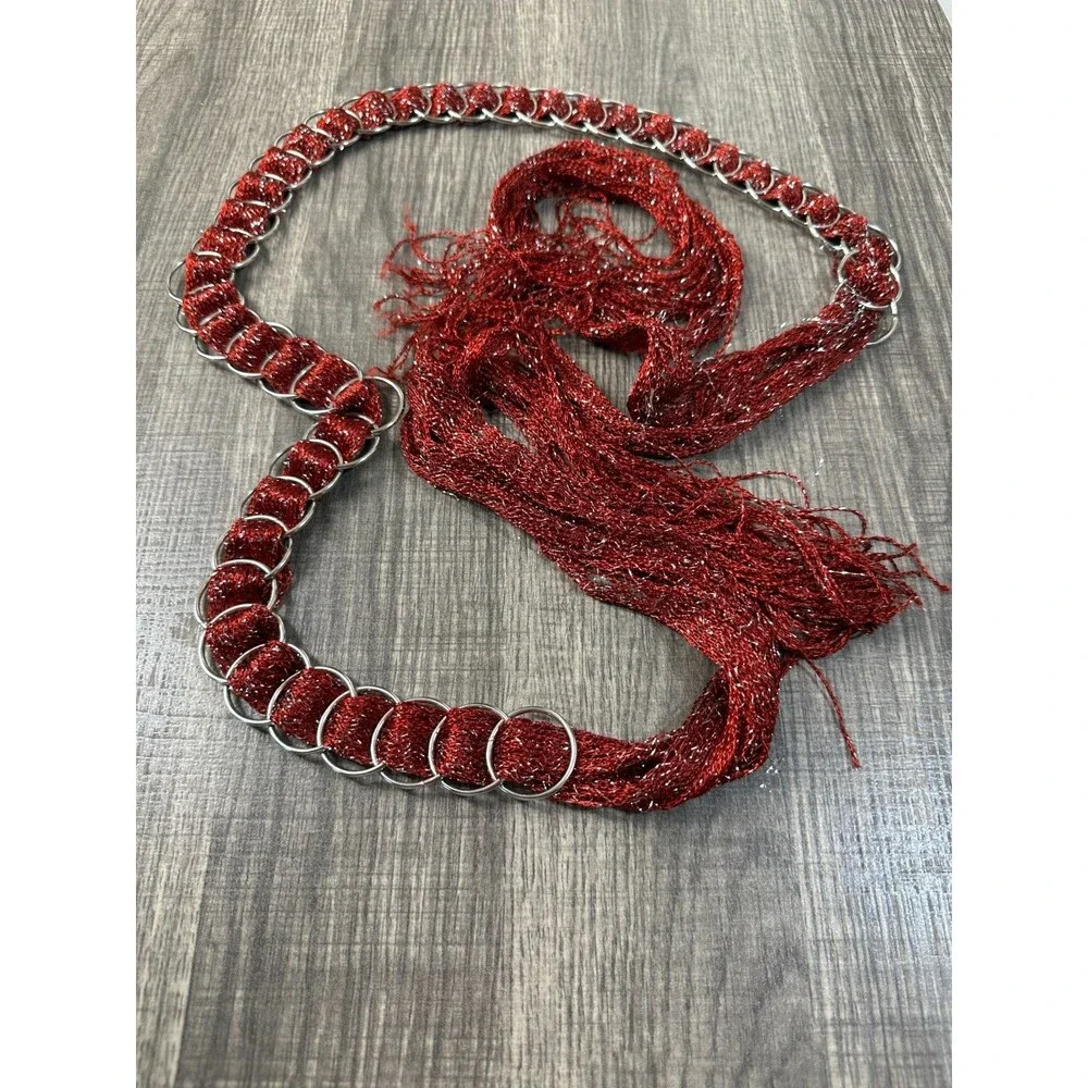 Women's Belt 60in Long Silver Rings Burgundy and Silver Metallic Fabric Tie Belt